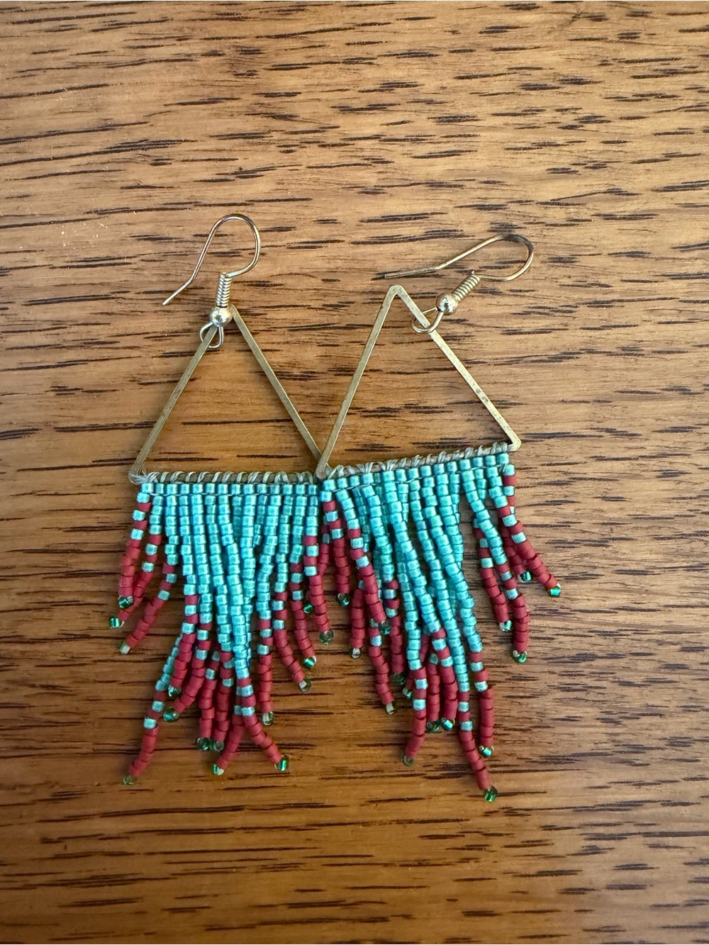 Handmade Montana Turquoise and Brick Red Beaded Fringe Triangle Earrings